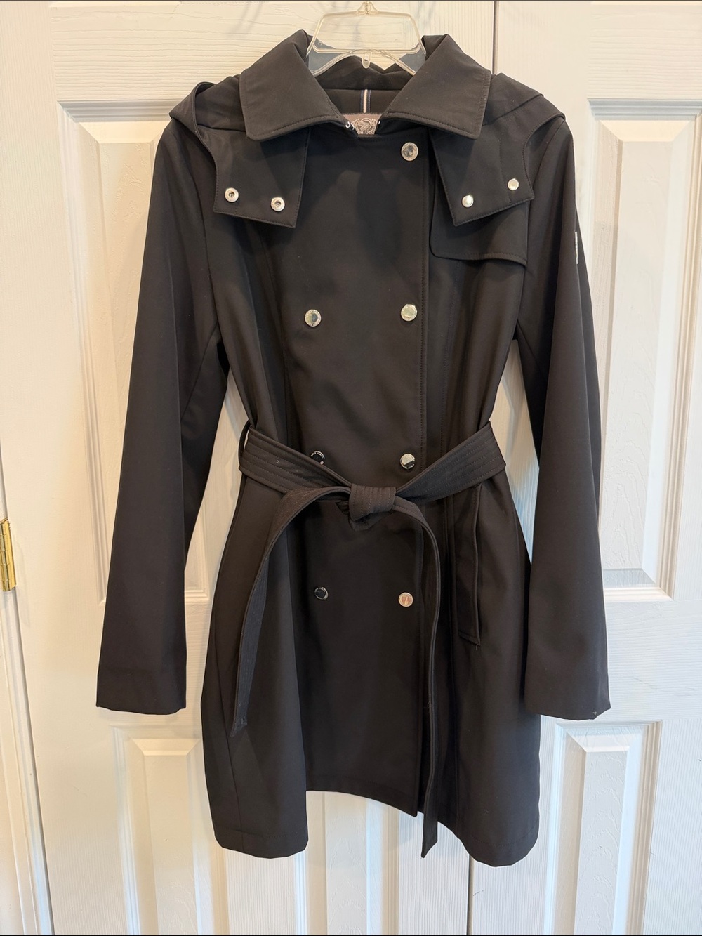 Vince Camuto Black Double-Breasted Trench Coat w/ Belt and detachable hood